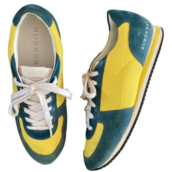 Burberry Pop Suede Nylon Sneakers Runners Teal and Yellow - Picture 13 of 14